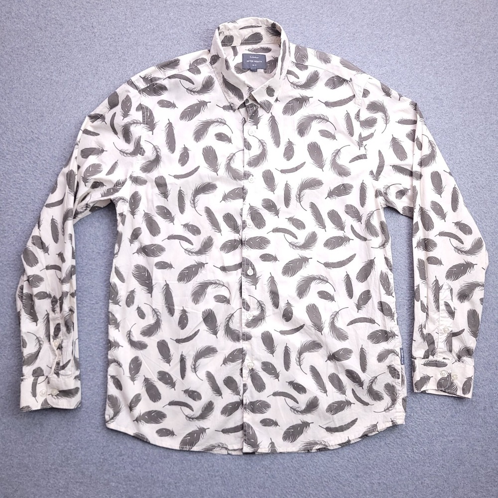Peter Werth Button Up Shirt XL Slim Fit Allover Feather Print White Mens